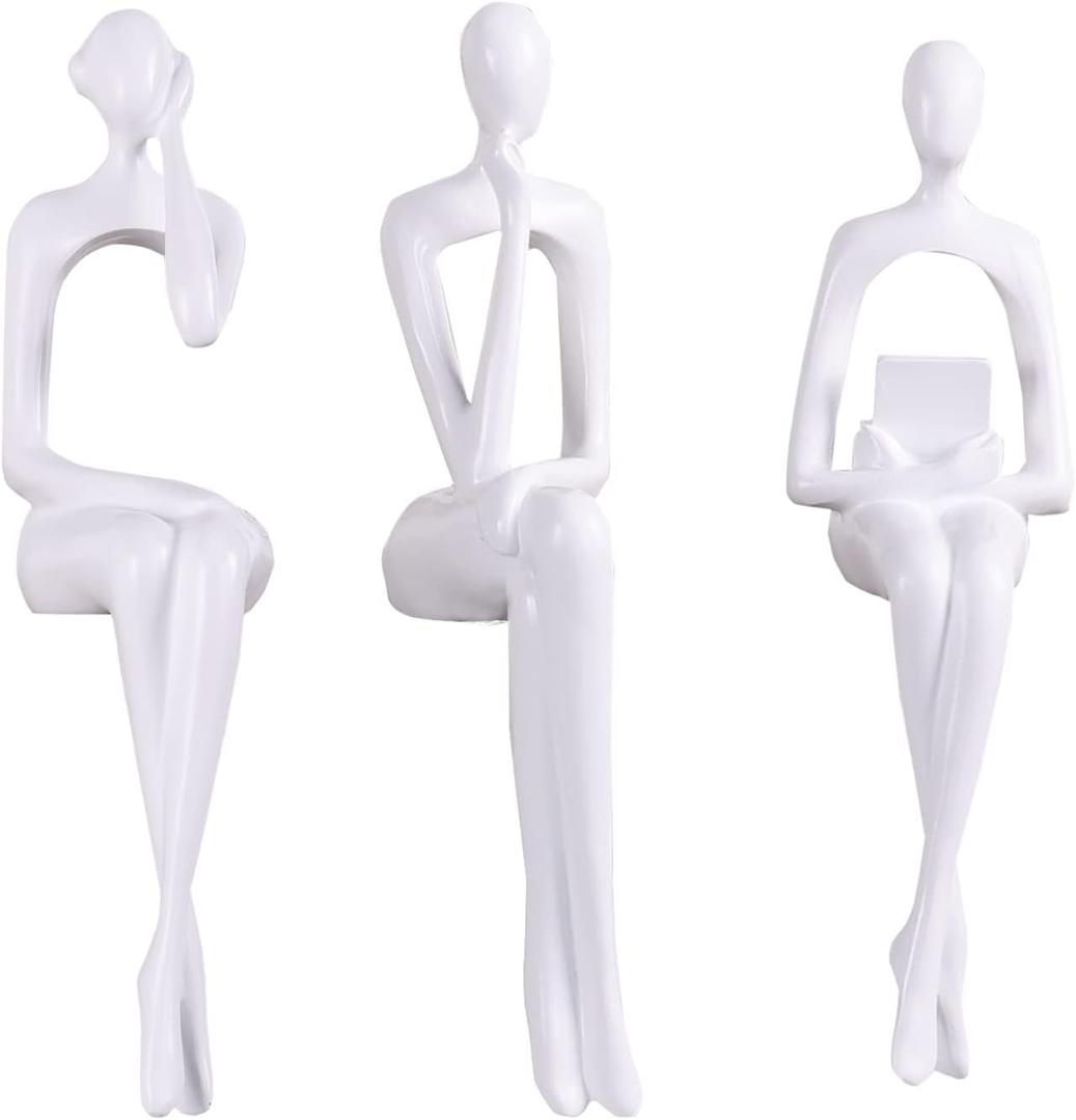 Resin Thinker Statues White Decor, 3pcs Abstract Sitting Sculptures, Bookshelf Desk Figurines, Home Office Living Room Shelf Accents, Gold Centerpiece Table Decorations