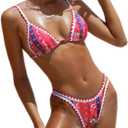 BIKINX Womens Swimsuits Sexy Thong Micro Bikini Ditsy Floral Two Piece Sets Bathing Suit Color Block Bandeau Swim Top (8-10, 2pcs Floral Red2)