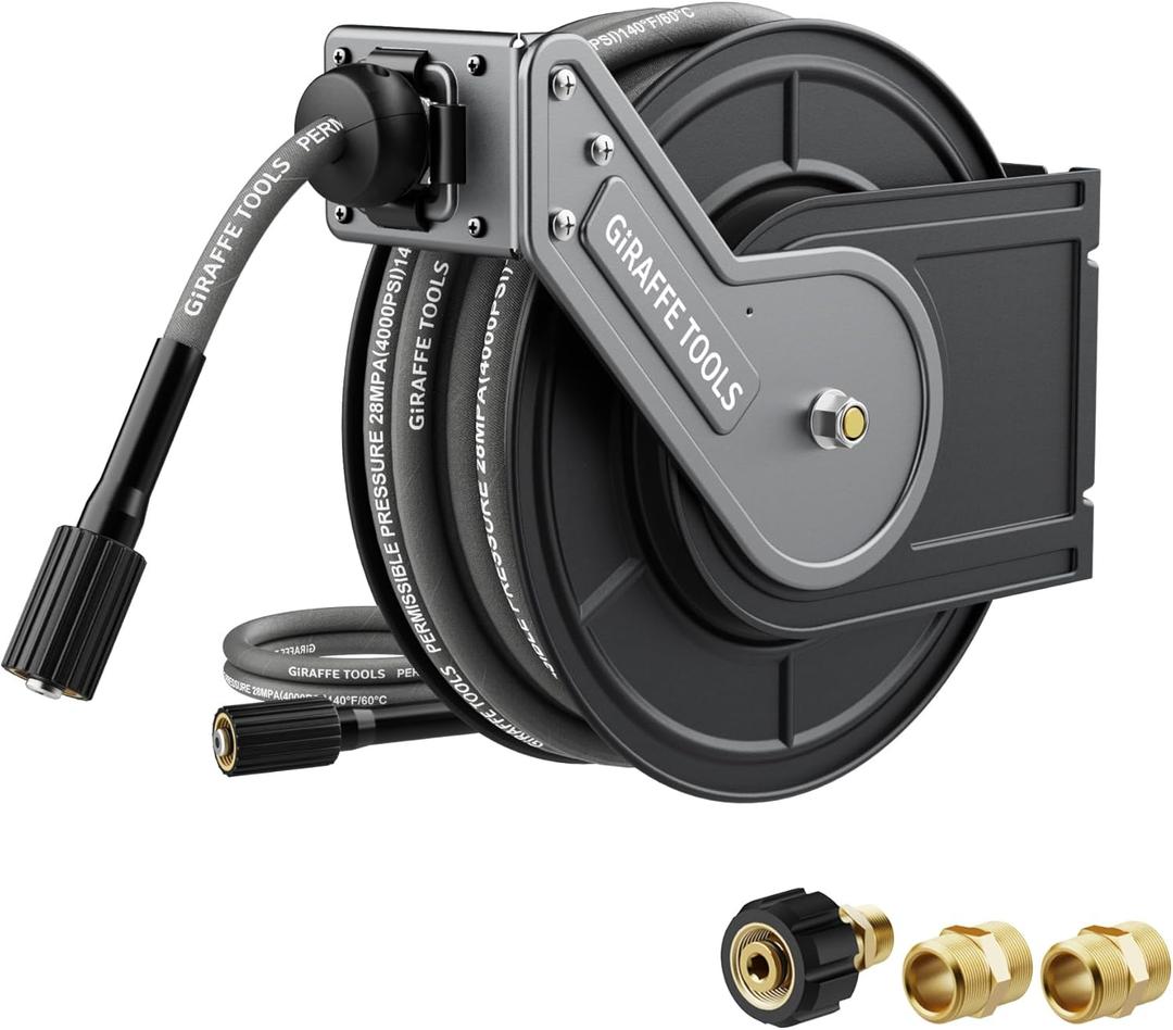 Giraffe Tools Pressure Washer Hose Reel 60ft, 1/4" Power Washer Hose Reel, Automatic Rewind, Wall Mounted, 4000 PSI