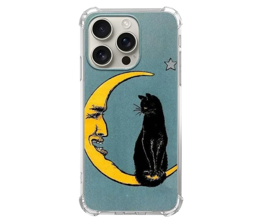 Vintage Moon and Black Cat Phone Case Compatible with iPhone 16 Pro, Hippie Trippy Cat and Moon Case for iPhone 16 Pro, Trendy Cool TPU Bumper Phone Case Cover