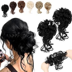 2PCS Messy Bun Hair Piece Tousled Updo with Tendrils Wavy Curly Hair Bun Scrunchies Ponytail Extension Elastic Band Hairpieces For Women (Dark Black)