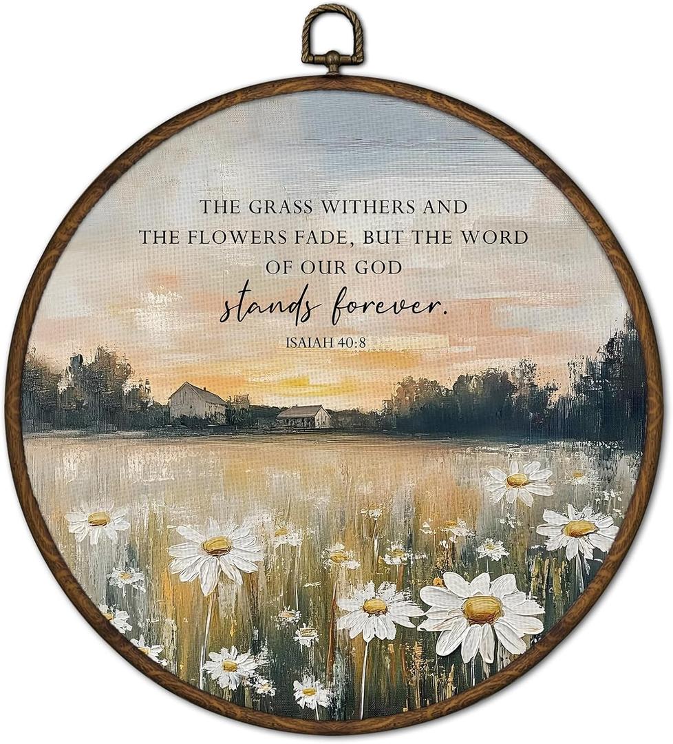 cvjutf Christian Daisy Flower Wall Art Decor Framed, Bible Isaiah 40:8 Wildflower Round Wall Decor, Daisy Religious Canvas Prints Art for Bathroom Bedroom Living Room, 10x10 Inch