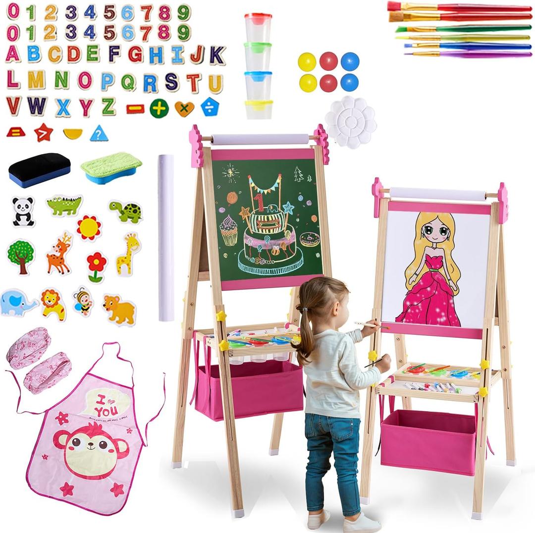 Art Easel for Kids - Adjustable Wooden Double-Sided Magnetic Whiteboard and Chalk Board with Paper Roll, 100+ Drawing Accessories - Foldable Painting Birthday Gifts for Boys Girls Ages 3-12, Pink, 48.51 inches x 22 inches x 18 inches