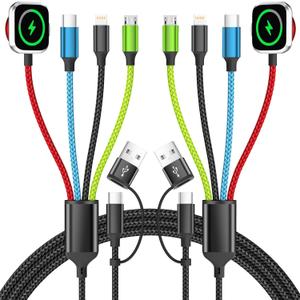 4-in-2 Multi Charging Cable with iWatch Charger, 2Pack 5FT Nylon Braided Charging Cords, USB C/USB A Phone Charger Cord for iPhone 17-5, iPad, Galaxy S25-S21, Travel/Car/Home Use (2Pack-Red_Blue_Black_Green)
