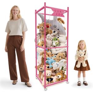 Stuffed Animal Storage Zoo with Wheels, Wooden Large Stuff Animals Plushies Holder Toy Organizer Kids Plush Storage Cage with Elastic Band and Net for Nursery Playroom Corner for Toddler (Hot Pink)