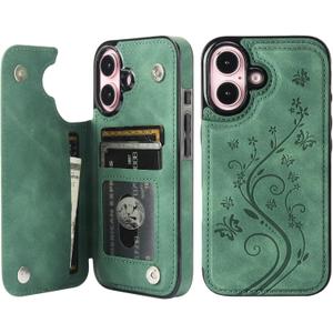 Vaburs Compatible with iPhone 16 Case Wallet with Card Holder,Embossed Butterfly Pattern PU Leather Double Buttons Flip Protective Shockproof Cover for Magnetic Car Mount 6.1 Inch (Dark Green)