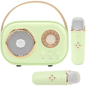 Mini Karaoke Machine for Kids,Portable Bluetooth Speaker with 2 Wireless Microphone,Toys for Girls Boys Gifts,Retro Speaker Set Stereo Sound Enhanced Bass for Home Party Birthday (Green)
