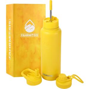 40 Oz Water Bottle with Straw Stainless Steel Sports Water Bottle with 3 Lids (Straw, Chug and Flip Lid) Insulated Leak Proof Metal Jug for Men & Women - Yellow