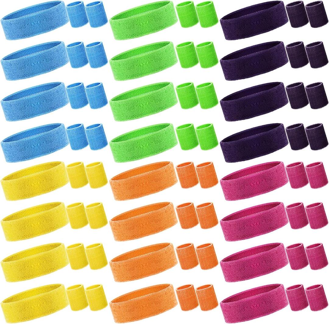 72 Pcs 80s Neon Headbands Sweatband Set, Include 24 Sports Headbands and 48 Sweat Wristbands Bulk for Woman Man