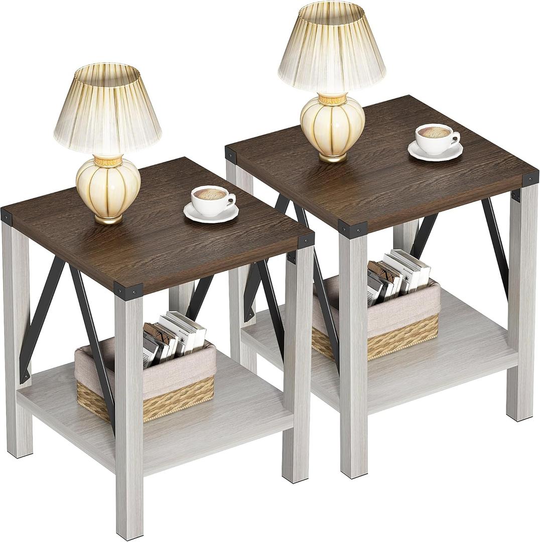 Treocho Farmhouse End Table Set of 2, Rustic Vintage Nightstand Side Table with Shelf for Living Room, Antique White & Brown