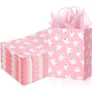 Kolldenn 30 Pcs Halloween Ghost Paper Gift Bags with Handles Cute Pink Ghost Goodie Treat Bags for Halloween Party Booday Favor Supplies