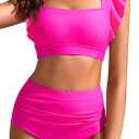 Kate Kasin Womens High Waisted Bikini Sets Ruffle Tummy Control Swimsuits Full Coverage Cheeky Two Piece Bathing Suit (Large, Hot Pink)