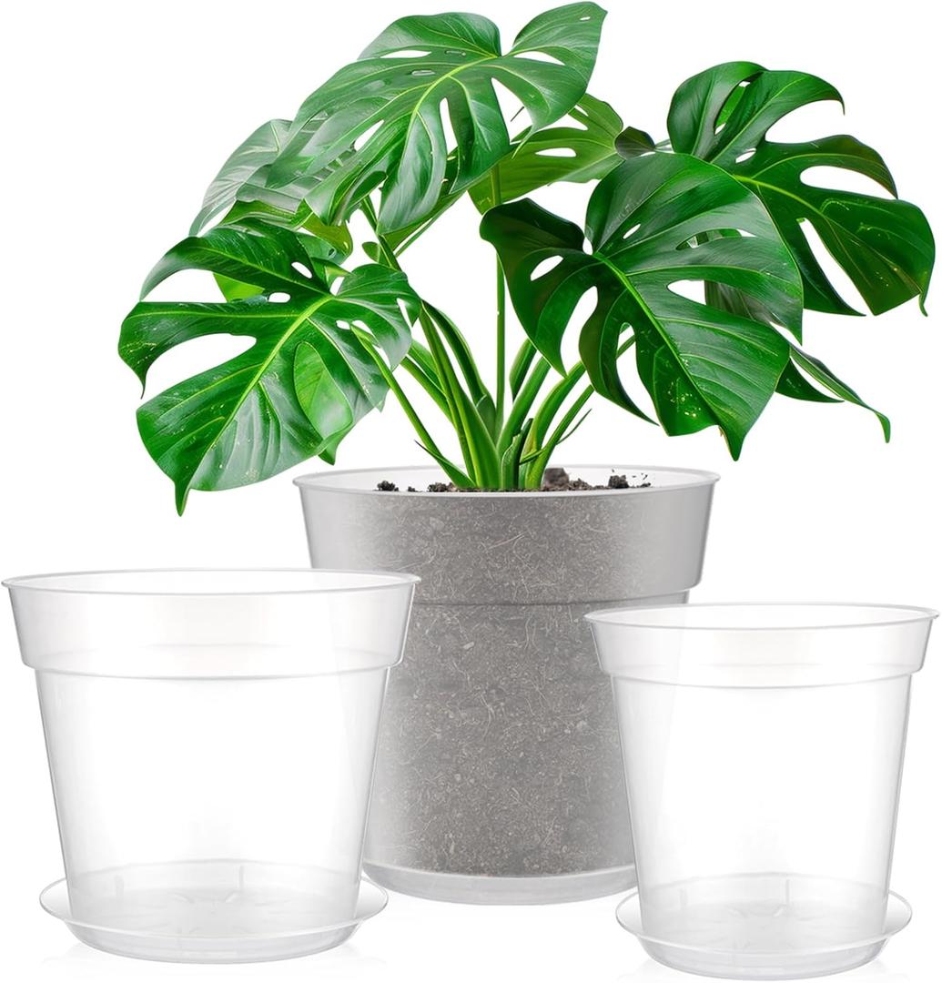Baderke 3 Pack Clear Nursery Pot Plastic Nursery Pot Large Plant with Drainage Holes for Root Health Indoor Outdoor(8 Inches,9.25inches,9.65inches)