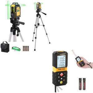PREXISO 135Ft Rechargeable Mini Laser Measurement Tool & PREXISO 360 Laser Level with Tripod, 100Ft Self Leveling Cross Line Laser Level with Green Glasses, Portable Bag, 4 AA Batteries