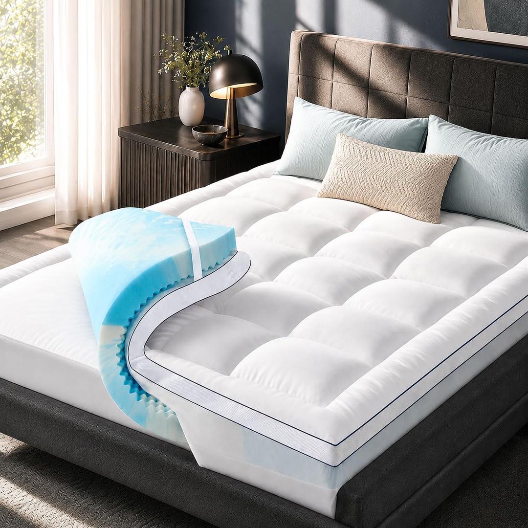 Queen Mattress Topper 4 Inch, Cooling Memory Foam Mattress Topper Queen Size with 2" Gel Foam & 2" Soft Pillow Top, Bamboo Viscose Cover, 21" Deep Pocket Mattress Pad (Queen)
