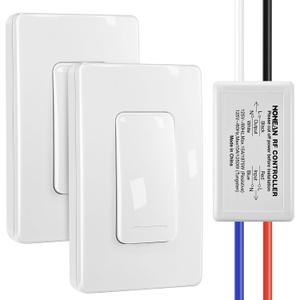 Wireless Light Switch and Receiver Kit, No in Wall Wiring Required, Remote Control Wall Switch Lighting Fixture for Ceiling Lights, Fans, 100 Ft RF Range, Programmable(2 Pack)