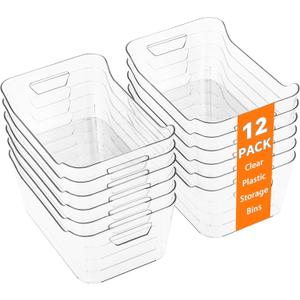 12 Pack Clear Plastic Storage Bins, Pantry Organizers and Storage, Clear Pantry Organizer Bins, Plastic Containers with Handle for Kitchen,Freezer,Cabinet,Closet,Bathroom Under Sink Storage (Medium)