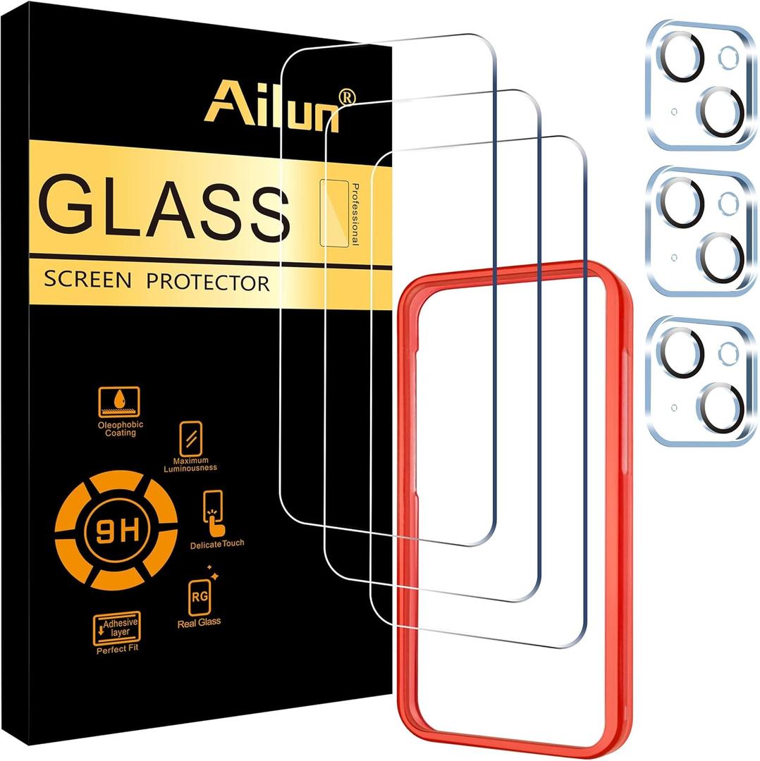 Ailun 3 Pack Screen Protector for iPhone 15 [6.1 inch] + 3 Pack Camera Lens Protector with Installation Frame,Case Friendly Tempered Glass Film,[9H Hardness] - HD