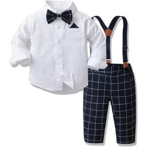 IDOPIP Toddler Kids Baby Boys Formal Suit Gentleman White Shirt with Bowtie + Suspender Shorts Pants Overalls Clothes 6M-5T (12-18 Months, Navy Blue Plaid - Pants)