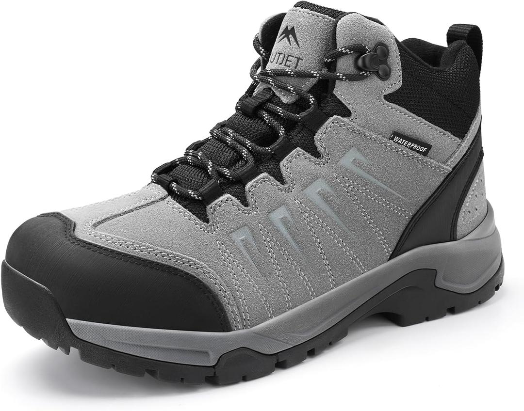 Men's Waterproof Hiking Boots Lightweight Leather Mid Ankle Outdoor Trail Trekking shoes, 10.5, Grey