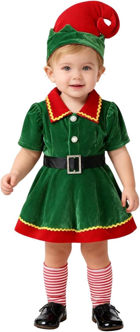 Kids Toddler Baby Girls Christmas Outfits Elf Costumes Santa's Helper Fancy Dress Xmas Cosplay Elf Hat Stockings (6-12 Months, Green)