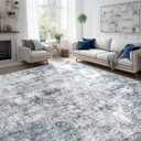 Abstract 9x12 Washable Rug: Modern Ultra Non Slip Area Rug Soft Carpet Foldable Distressed Stain Resistant Neutral Rugs for Living Room Bedroom Decor Large Indoor Farmhouse Rug 9'x12' Blue Gray