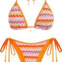 ZAFUL Women's Colorblock Stripes Triangle Halter Tied Cheeky Thong Bikini Set High Cut Two Piece Bathing Suit (S, 2-orange)