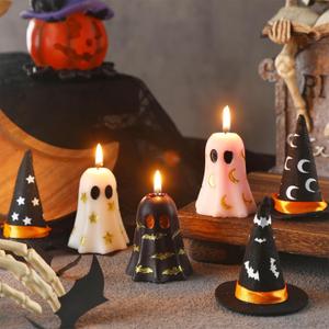 2 x MTLEE 3 Set 6 Pcs Witch Ghost Candles with Hat Pastel Halloween Decor Girly Pink and Black Halloween Night Decor Indoor for Boo Basket Stuffers Room Table Centerpieces