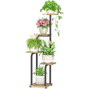 iDavosic.ly Tall Plant Stand Indoor, 4 Tier Corner Multiple Flower Holder Shelf with Wooden Trays, Space Saving Display Rack for Living Room Balcony Patio Porch Outdoor | Black & Brown