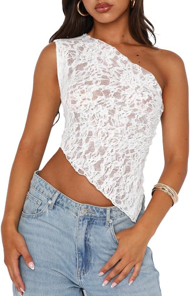 ABYOVRT Women One Shoulder Lace Top Irregular Hem Backless Crop Tops See Through Sheer Tank Tops Going Out Clubwear (Medium, White)