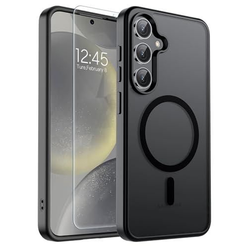 SUPFINE Magnetic for Samsung Galaxy S24 Case / S25 Case with Screen Protector, (Built-in Magnets) (Military Grade Drop Protection) Slim Translucent Shockproof Phone Case,Black