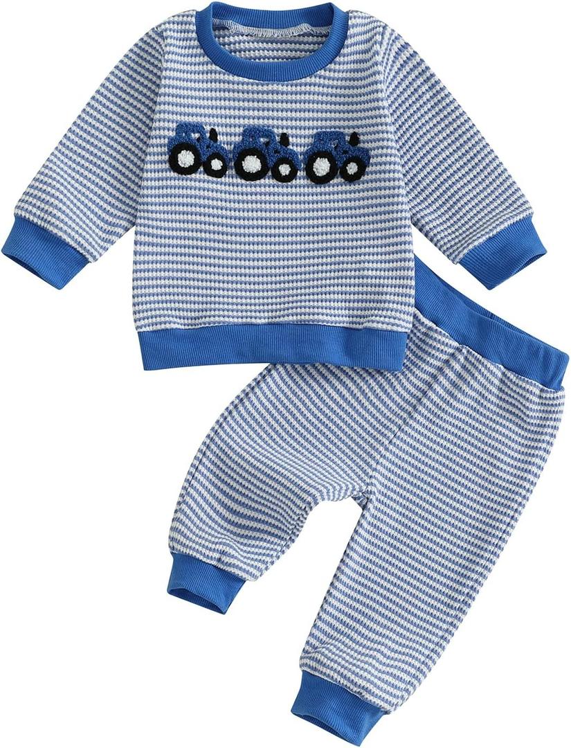 fhutpw Baby Toddler Boy Girl Fall Winter Clothes Embroidery Stripe Pullover Pants Sets Infant Long Sleeve Sweatshirt Outfits (12-18 Months, Tractor Blue)