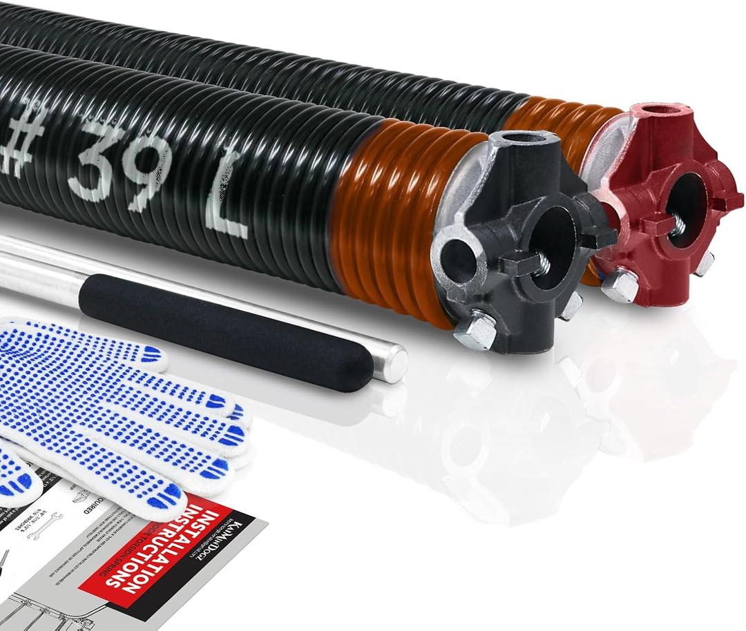 Pair of 2" Garage Door Torsion Springs Set with Non-Slip Winding Bar & Gloves,High Precision Electrophoresis Black Coated, for Replacement & Installation, MIN 16,000 Cycles (0.273x2''x39'')
