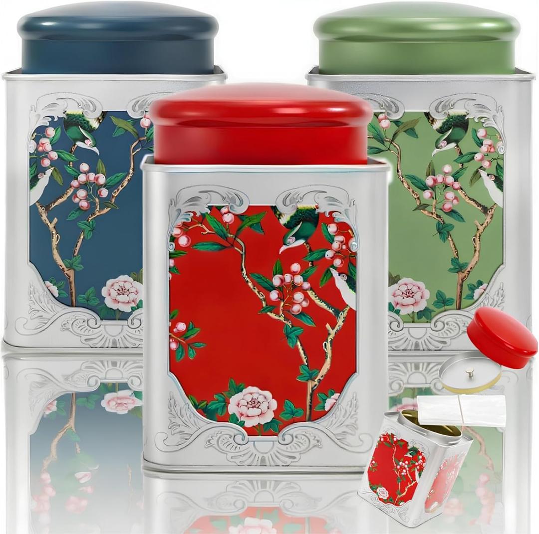 3 Pack Airtight Tea Tin Canister, 38 OZ Tinplate Empty Loose Tea Box, Chinese Style Jar with Double Lids, Matcha Tin Containers, Vintage Square Coffee Canisters for Candy Nut Spice Kitchen