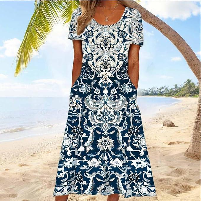 Spring/Summer Women's Ethnic Print Versatile Vintage Dress with Pockets Short-Sleeve Dress Blue, Small