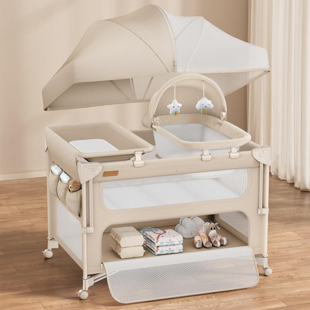 ANGELBLISS Baby Bassinet Bedside Crib, 5-in-1 One-Push Instant Fold Pack and Play with Changing Table, Napper Bassinet, Mattress & Mosquito Net, Portable Playard for Newborns to Toddlers (Khaki)