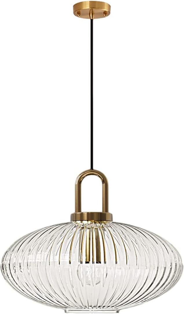 Brikey Clear Glass Pendant Light with Brass Gold Base, Clear Ceiling Light Hanging Lamp for Bedside Dining Table Kitchen Island (11.8 inch, Clear)