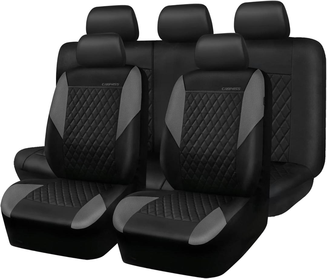 CAR PASS Quilting Leather Seat Covers Full Set,Universal Waterproof Deluxe PU Premium Car Seat Cover with 5mm Composite Sponge Inside,Airbag Compatible,2zipper Bench for Sedans SUVs Cars Vans,Gray