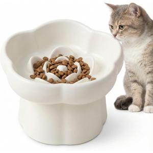 Ceramics Raised Slow Feeder Cat Bowl, Ceramic Elevated and Titled Food Bowl Small Dogs Slow Feeder, Flower Shaped Cute Cat Dish for Dry and Wet Food (Beige, 5.7")