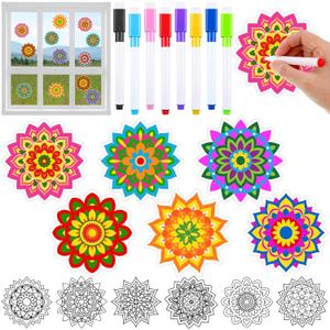 Frienda 36 Pcs Stained Glass Mandala Art Kit DIY Window Clings with Markers 6 Designs Holi Suncatchers Craft Color Your Own Spring Gift Crafts for Adults Seniors Beginners Women Elderly Home Decor