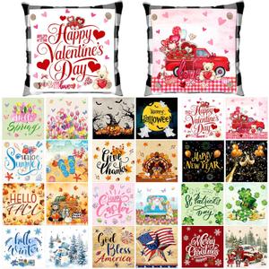 2 Pcs Seasonal Holiday Throw Pillow Cover 18 x 18 Inch, with 24 Interchangeable Pillow Panels, Valentine's Day Pillowcase Square Canvas Pillowcases for Home Office Farmhouse Couch Sofa Decor