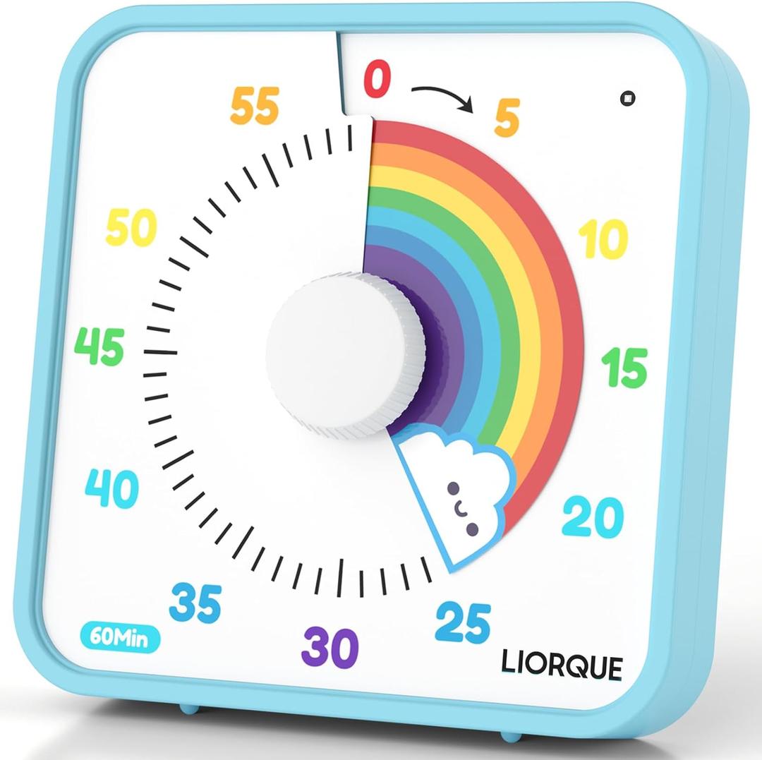 LIORQUE 60 Minute Visual Timer for Kids and Adults, Non-Ticking 7.5 Inch Large Visual Countdown Timers for Classroom Desk Countdown Clock with Magnetic Backing, Kids Pomodoro Timer Clock (Rainbow)