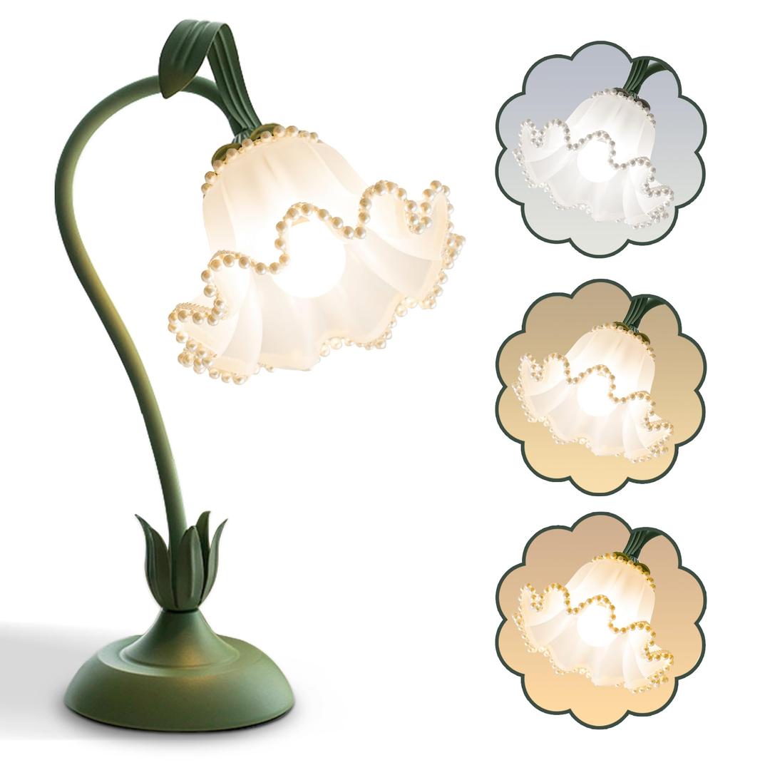 AQDZCNF Flower Table Lamp,LED Reading Light Bedside Vintage Flower Night Light,3 Colors Modes Kawaii Bedside Lamps Decor,Living Room Bedroom Room Lighting Table Lamps Home Decoration (Green Pearls)