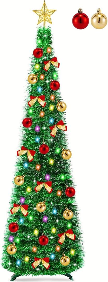 5 Ft Pop Up Pencil Christmas Tree with Timer 60 Warm White & Multicolor Change Lights, Pop Up Tinsel Christmas Tree with 16 Ball Ornaments 8 Bows 1 Minute Xmas Tree Home Indoor Christmas Decorations (Green)