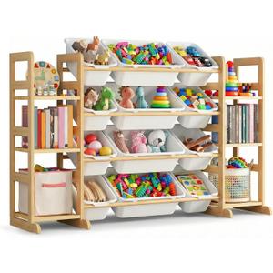 Kiddocood Kids Toy Storage Organizer with 12 Bins, 100% Solid Wood - Natural Finish Montessori Toy Organizer, BPA Free, CPC & TIC Certified Playroom Organization for Living Room & Nursery, 52.3"