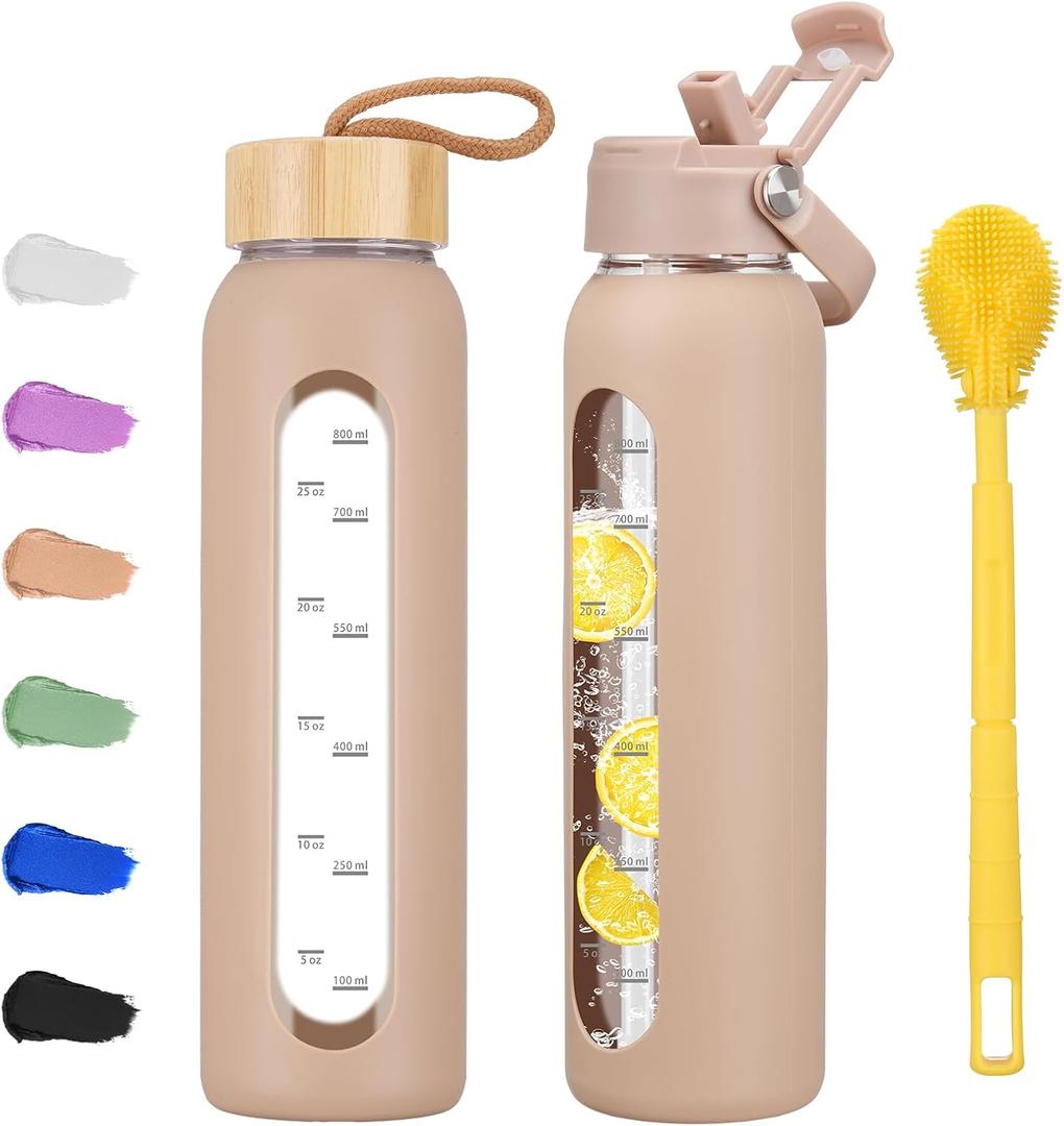 32 oz Glass Water Bottle with 2 Lids-Handle Straw Lid & Bamboo Lid,1 Liter Motivataional Tumbler Water Bottle Time Marker, Borosilicate Glass Water Bottles With Silicone Sleeve, Leakproof (Amber)
