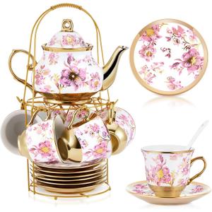 Zhehao Porcelain Tea Set with Metal Holder and Spoon Adult Ceramic Tea Set European Flower Painting Teapot Cup Saucer Spoon for Women Mom Gift, Large Version(Purple Style,20 Pcs)