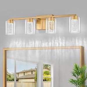 SineRise 4-Light Gold Vanity Light with 3 Color Modes (3000K/4000K/6000K), Eye Protection LED Bathroom Light Fixture, Dimmable Modern Wall Light Over Mirror with Clear Glass Shade