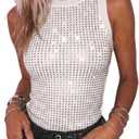 CHICME Womens Summer Sleeveless Ribbed Tank Tops Rhinestone Sparkly Basic Top Slim Fit Party Y2K Outfit (White, XL)