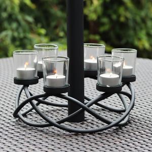 Seraphic Iron Round Table Decor Centerpiece Decorations Candle Holder for Weddings, Outdoor Patio, Kitchen, Dining Room, and Coffee Tables, Glass Votive Tealight Holders, Black, 6 Clear Cups